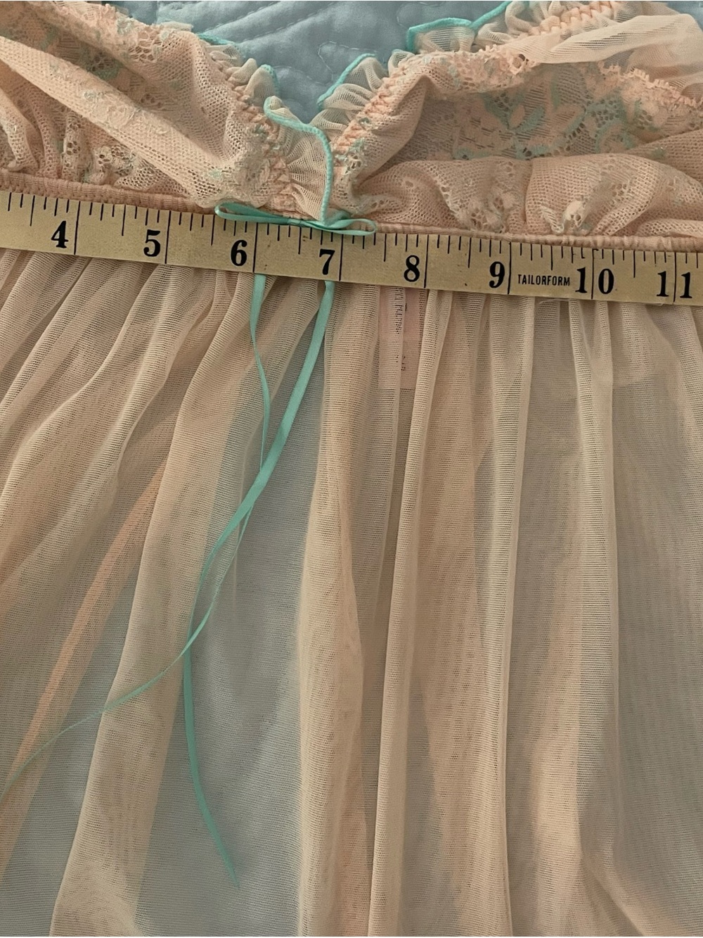 La Vie En Rose Pink Sheer Lace Babydoll with Teal Trim - Picture 4 of 5